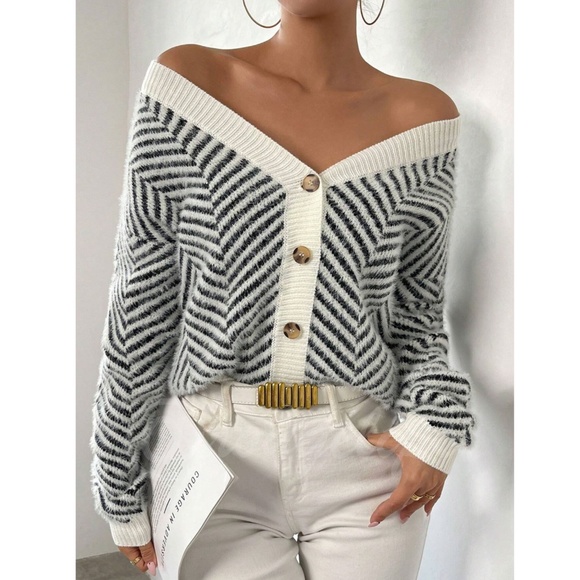 Rouge! Sweaters - Fuzzy Chevron Black & Off White Button Up Cardigan Long Sleeve V-Neck